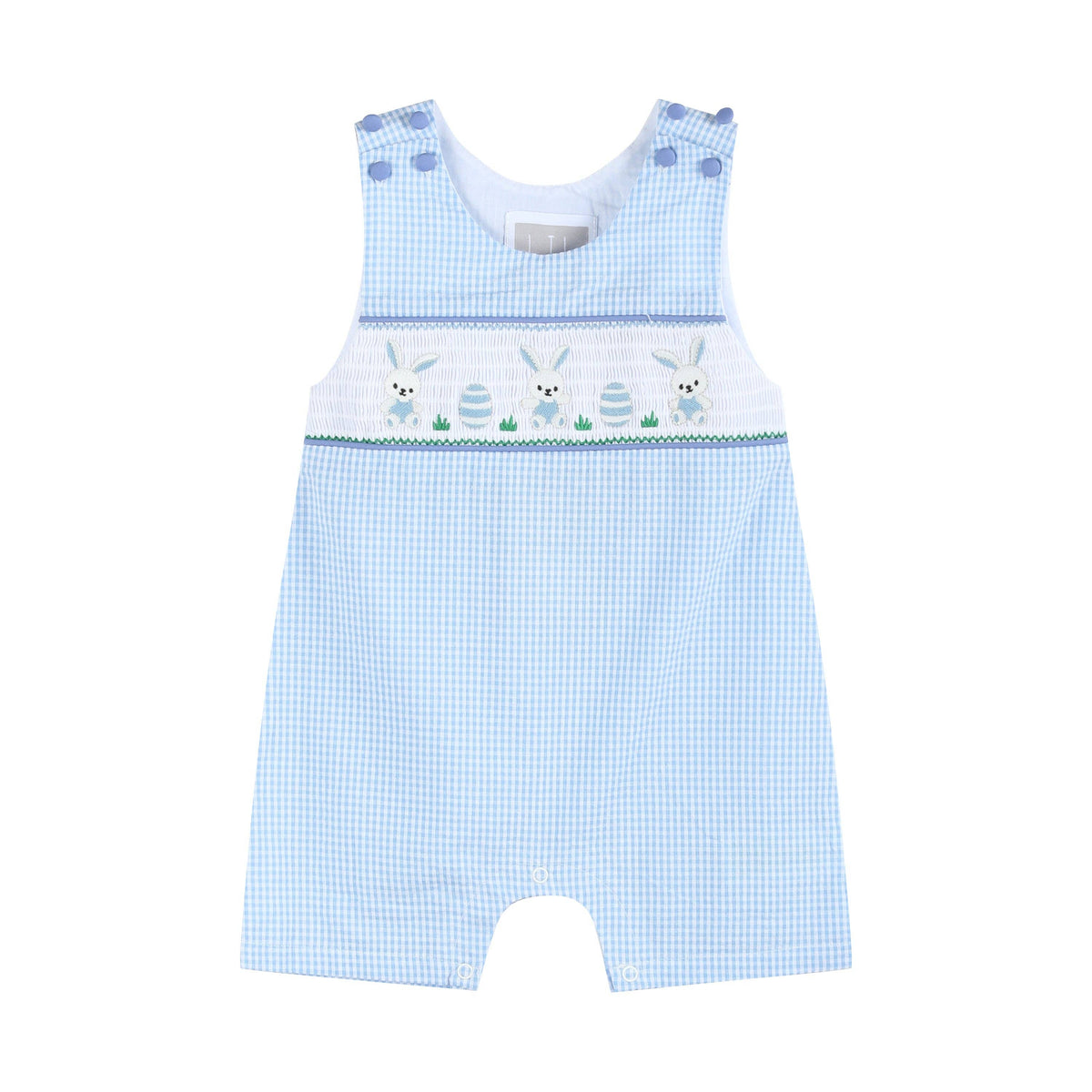 Light Blue Gingham Easter Egg and Bunnies Smocked Shortall