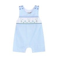 Light Blue Gingham Easter Egg and Bunnies Smocked Shortall