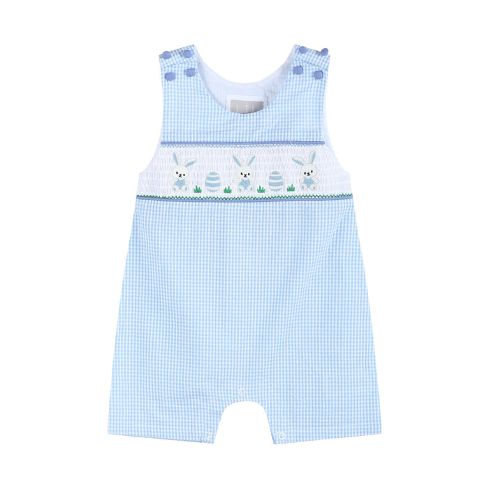 Light Blue Gingham Easter Egg and Bunnies Smocked Shortall