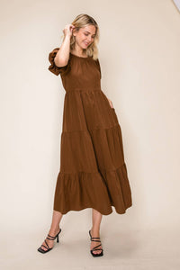 Brown Puff Sleeve Midi Dress