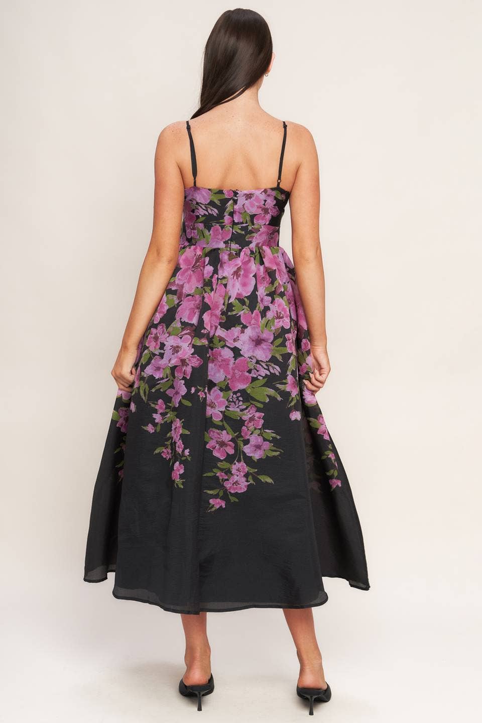 Floral print midi gown with cami top, wide cinched waistband, full skirt, and back zipper closure