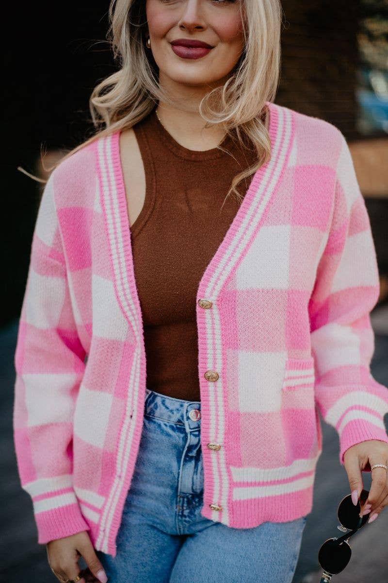 Pink Open Front Plaid Gold Cardigan