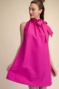Magenta sleeveless mini dress with tie-front ruffle neckline and relaxed fit