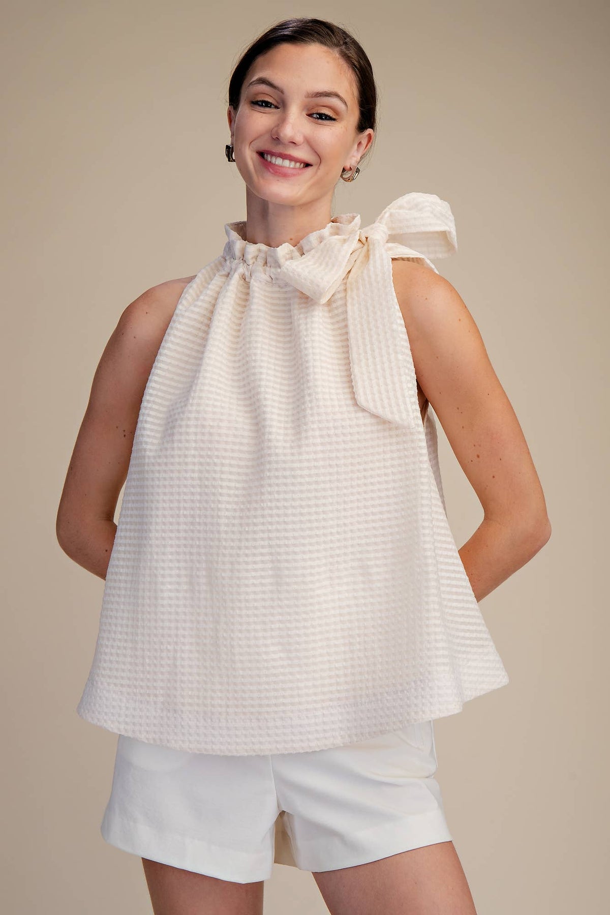 White Ruffle Neck Tie Blouse