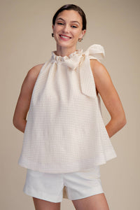 White Ruffle Neck Tie Blouse