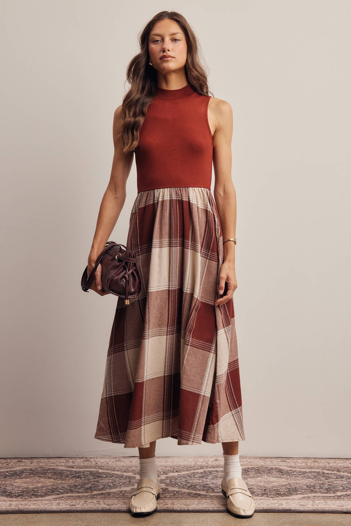 Mock Neck Plaid Midi Dress
