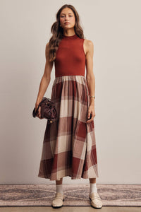 Mock Neck Plaid Midi Dress