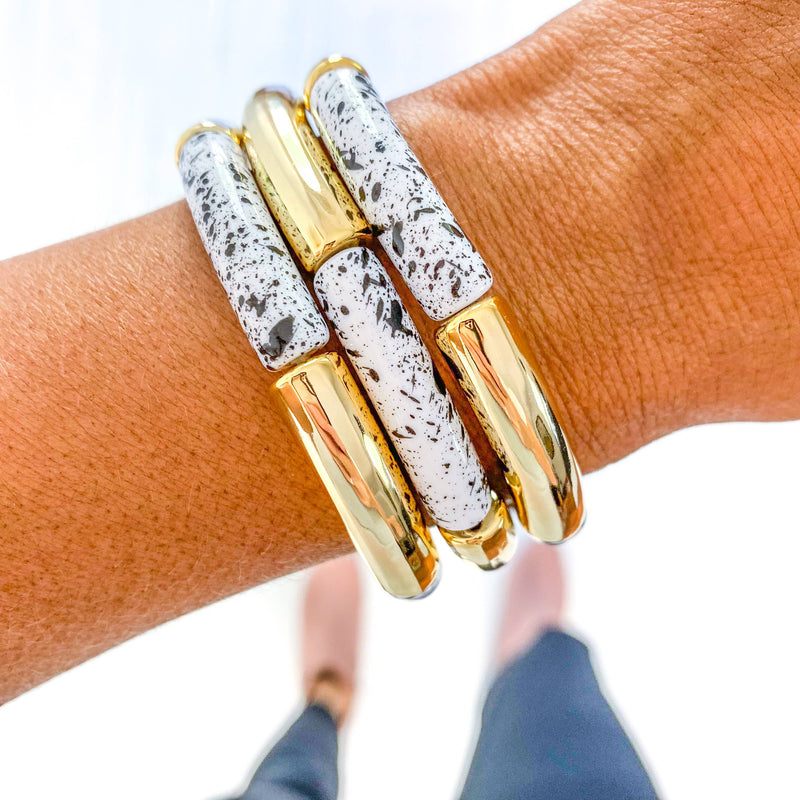 White & Black Speckle Acrylic Tube Bamboo Bracelet