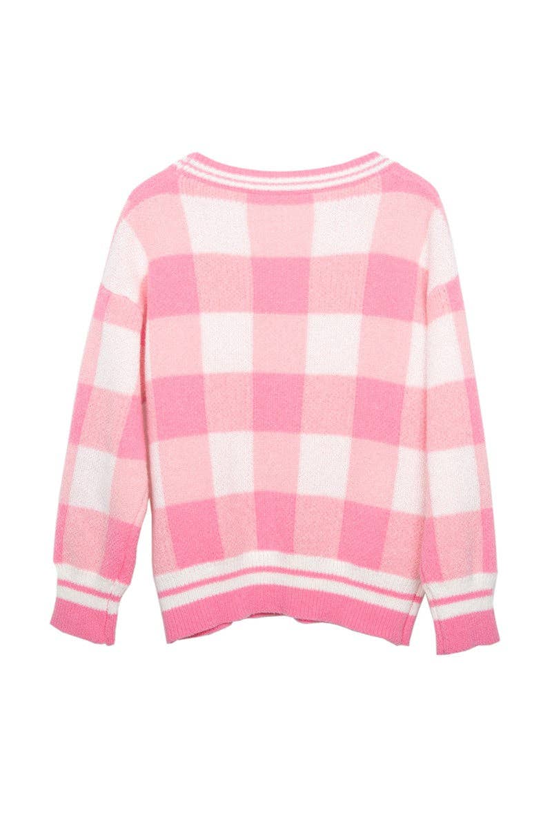 Pink Open Front Plaid Gold Cardigan