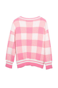 Pink Open Front Plaid Gold Cardigan