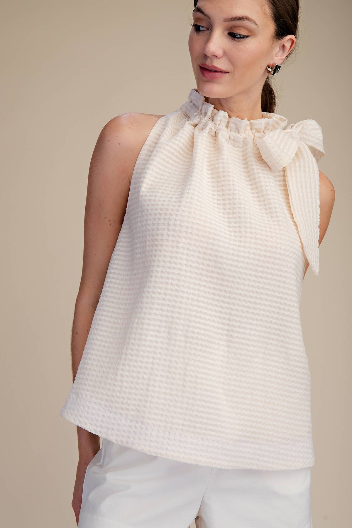 White Ruffle Neck Tie Blouse