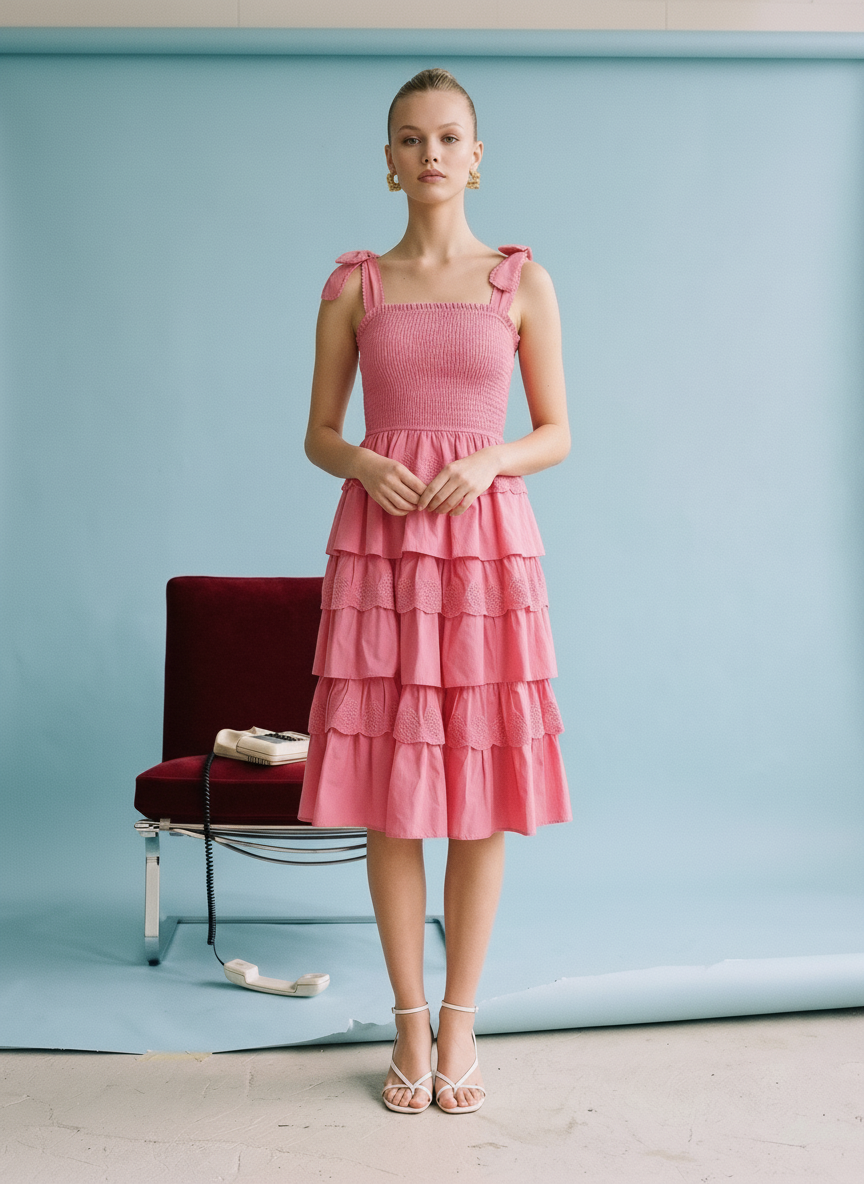 Fuchsia tiered ruffle midi dress with smocked bodice, adjustable tie straps, and lightweight cotton fabric