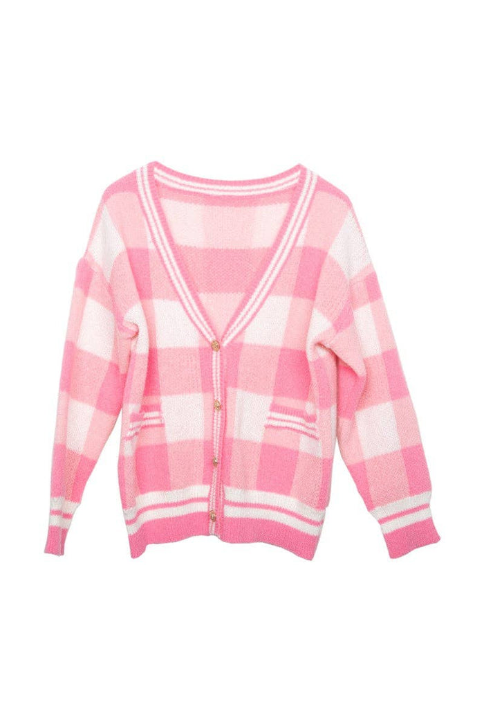 Pink Open Front Plaid Gold Cardigan