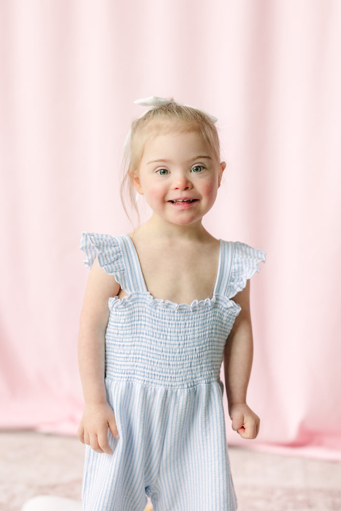 Blue Striped Seersucker Knit Romper