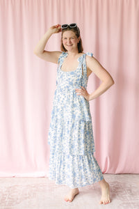 Blue Floral Ruffle Midi Dress