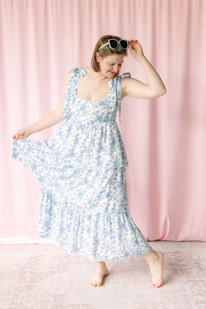 Blue Floral Ruffle Midi Dress