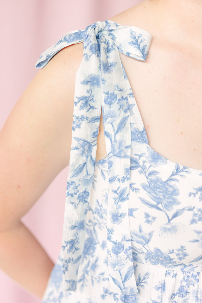 Blue Floral Ruffle Midi Dress