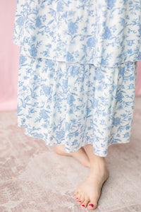 Blue Floral Ruffle Midi Dress