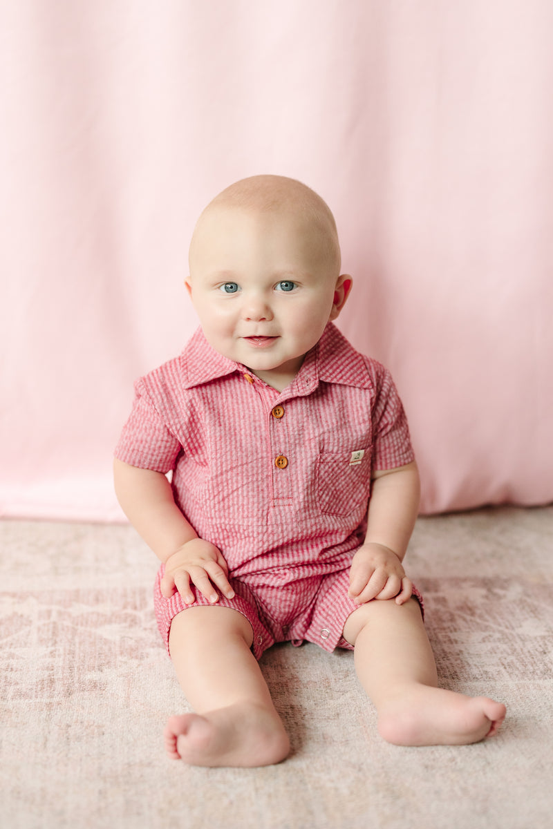 Red Seersucker Polo Romper