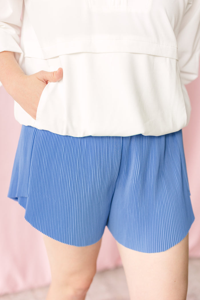 Blue Pleated Activewear Shorts