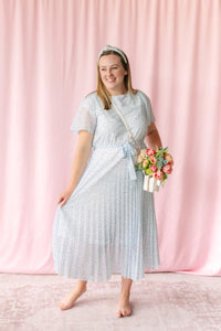 Pleated Ivory/Blue Maxi Dress
