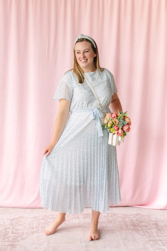 Pleated Ivory/Blue Maxi Dress