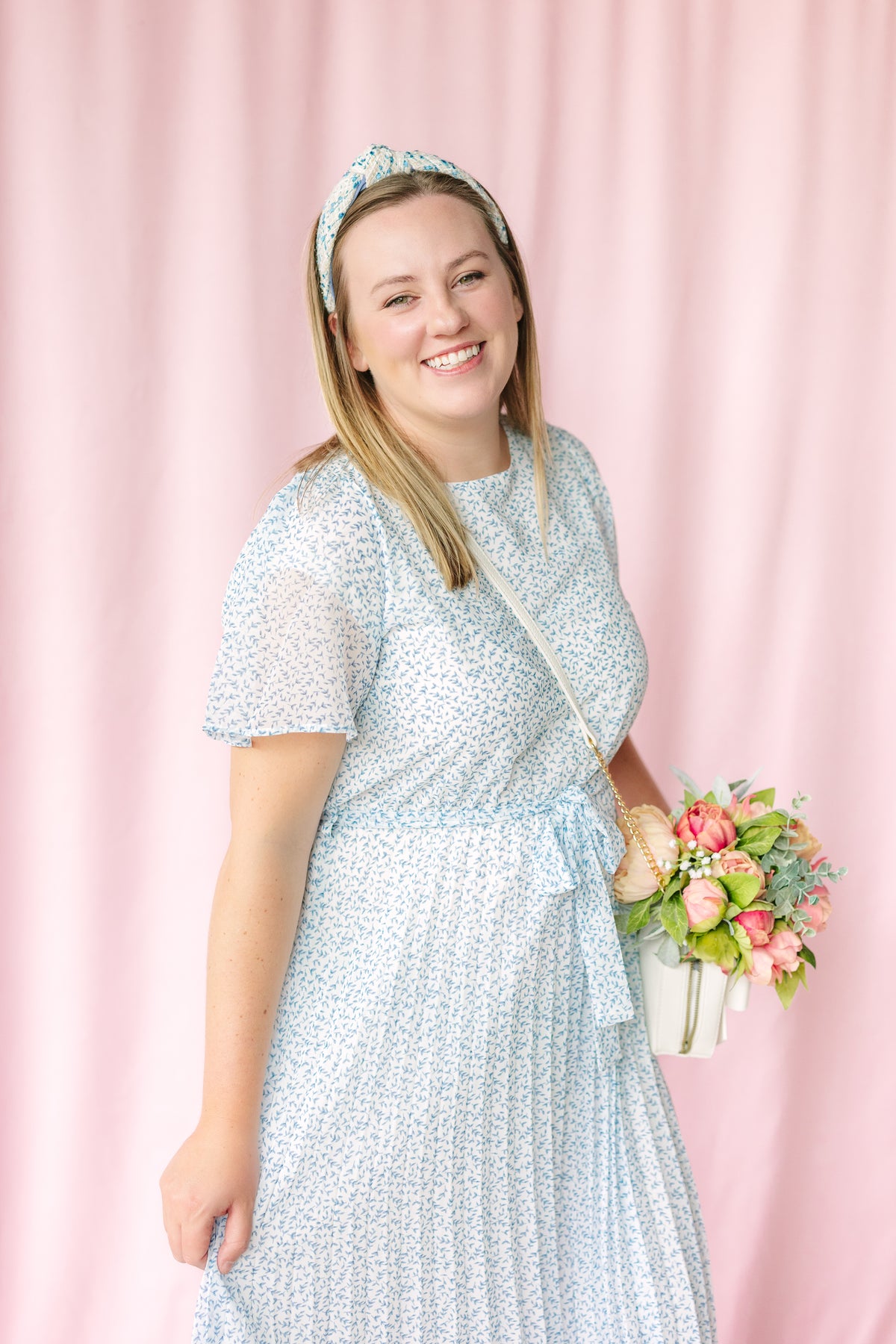 Pleated Ivory/Blue Maxi Dress