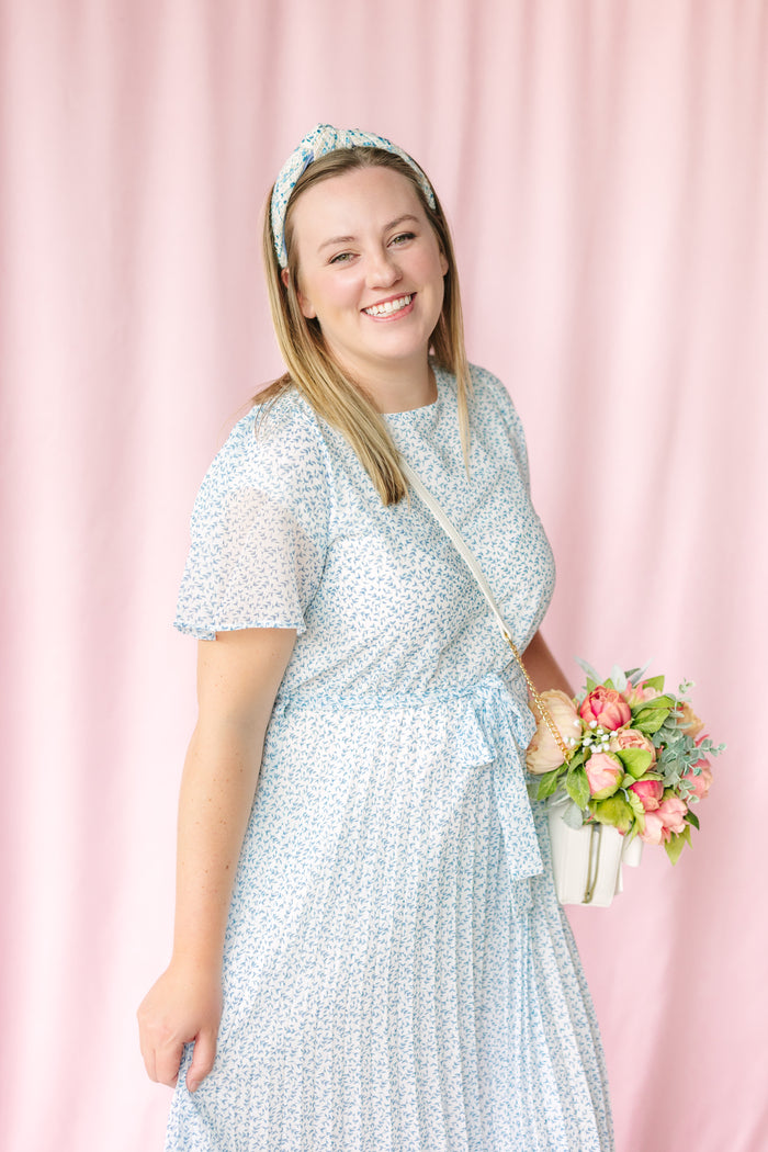 Pleated Ivory/Blue Maxi Dress