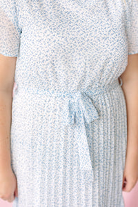 Pleated Ivory/Blue Maxi Dress