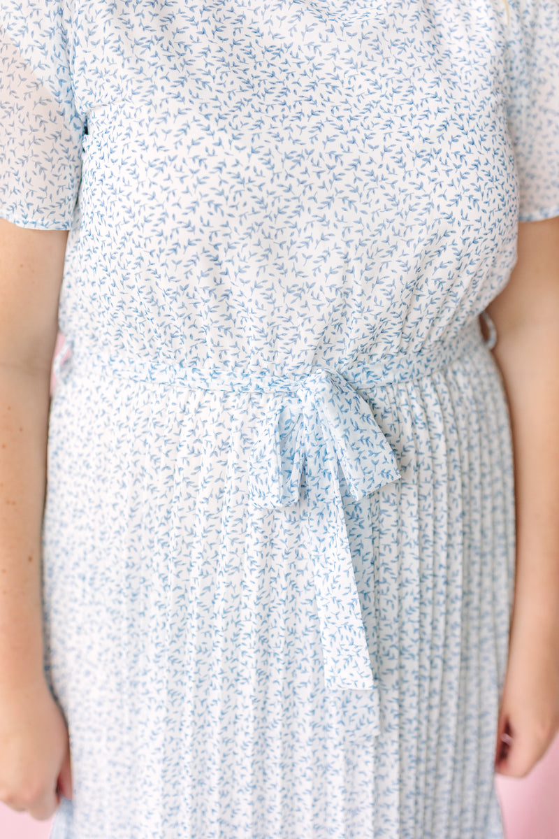 Pleated Ivory/Blue Maxi Dress