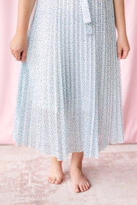 Pleated Ivory/Blue Maxi Dress