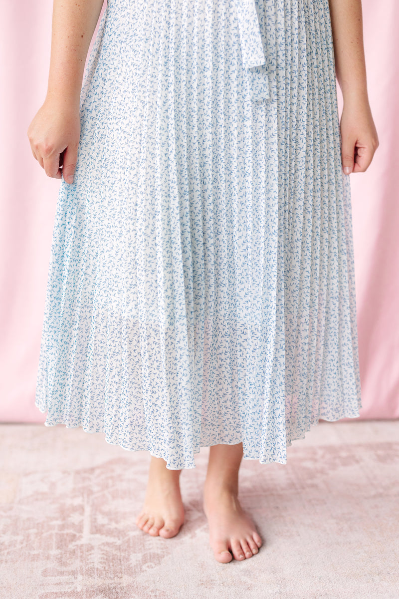 Pleated Ivory/Blue Maxi Dress