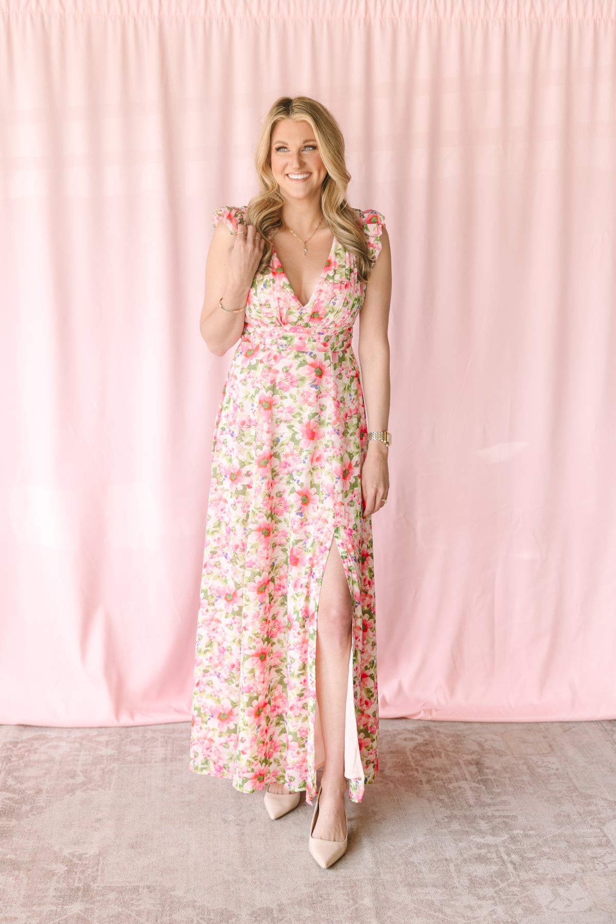 Pink Floral Chiffon Maxi