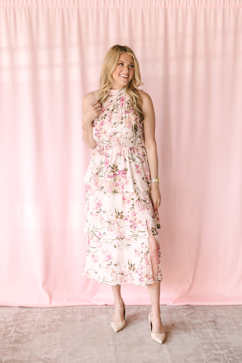 Pink multi floral print halter neck maxi dress with elastic waist and layered ruffle tiered skirt