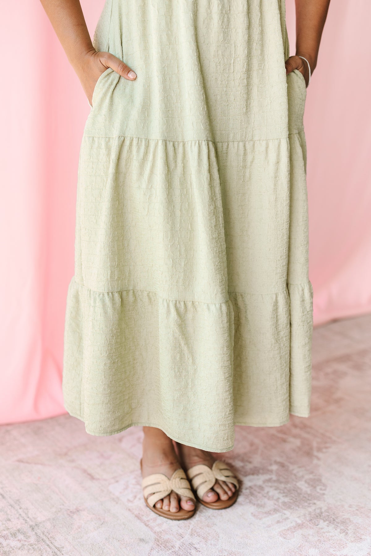 Olive Textured Ruched Bodice Dress