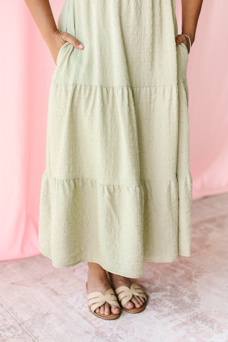 Olive Textured Ruched Bodice Dress