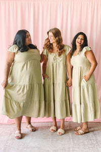 Olive Textured Ruched Bodice Dress