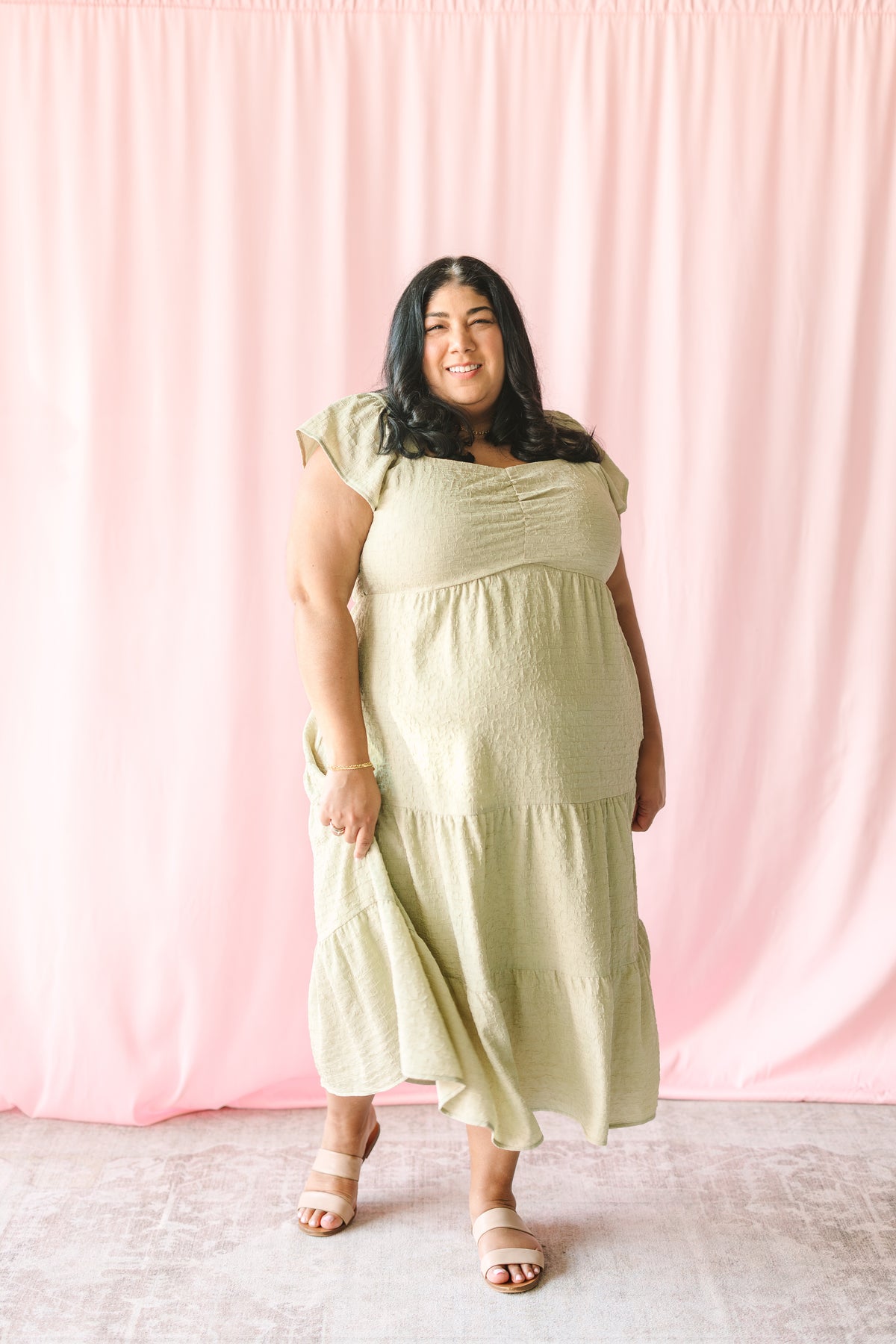 Olive Textured Ruched Bodice Dress