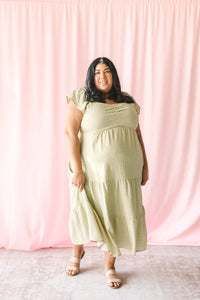 Olive Textured Ruched Bodice Dress