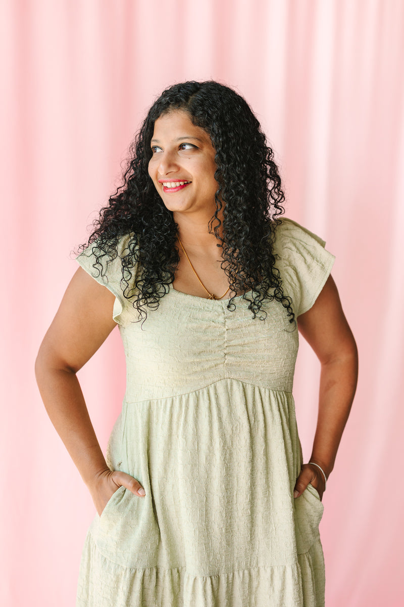 Olive Textured Ruched Bodice Dress
