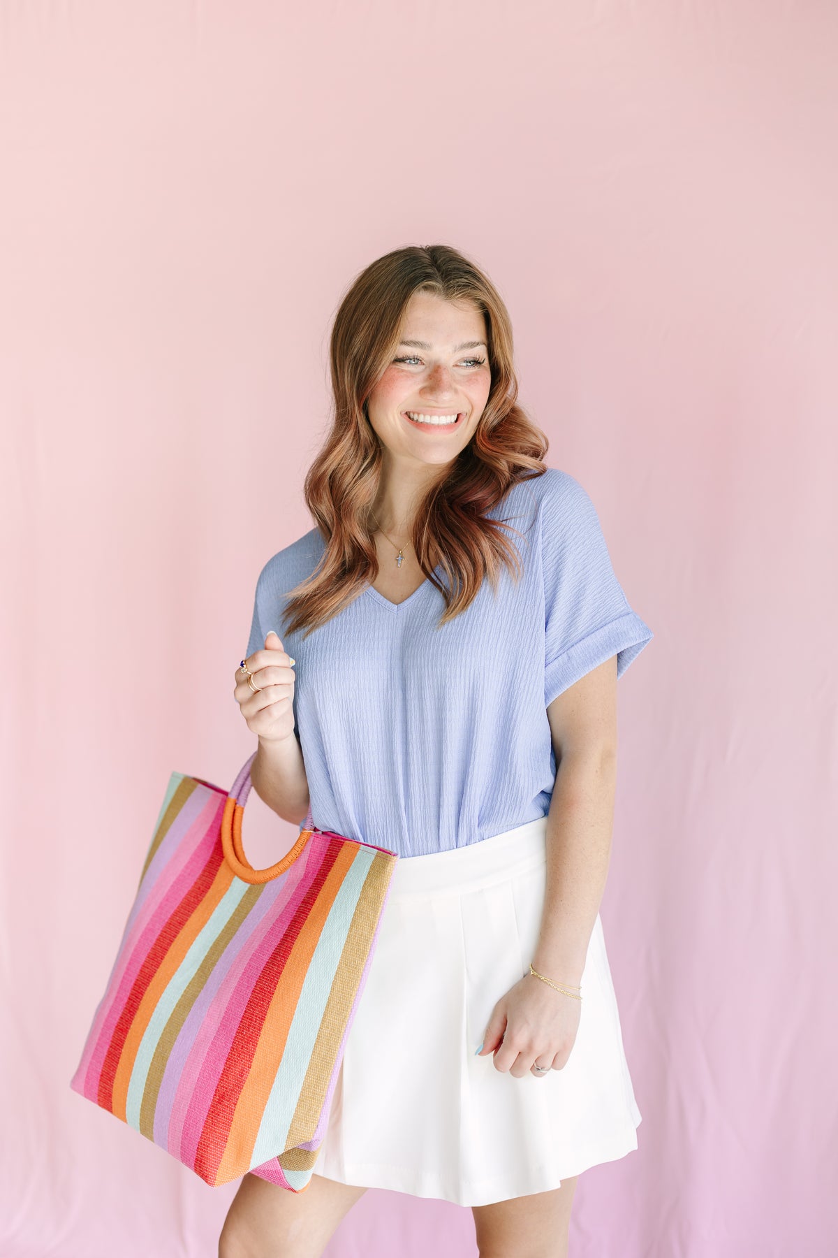 Blue V-Neck Bodysuit with Rolled Sleeves