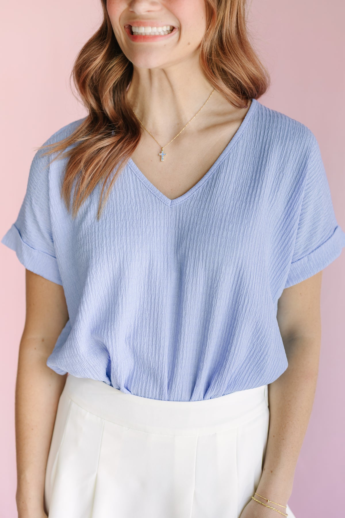 Blue V-Neck Bodysuit with Rolled Sleeves
