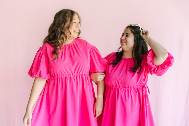 Hot Pink Drawstring Waist Midi Dress