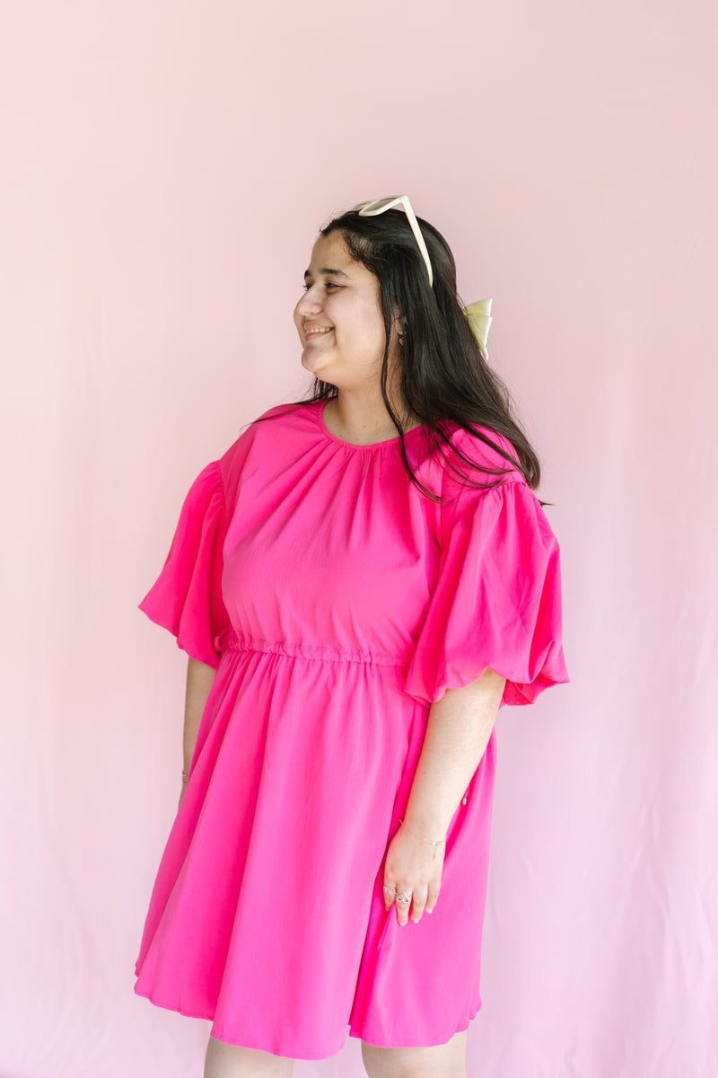 Hot Pink Drawstring Waist Midi Dress