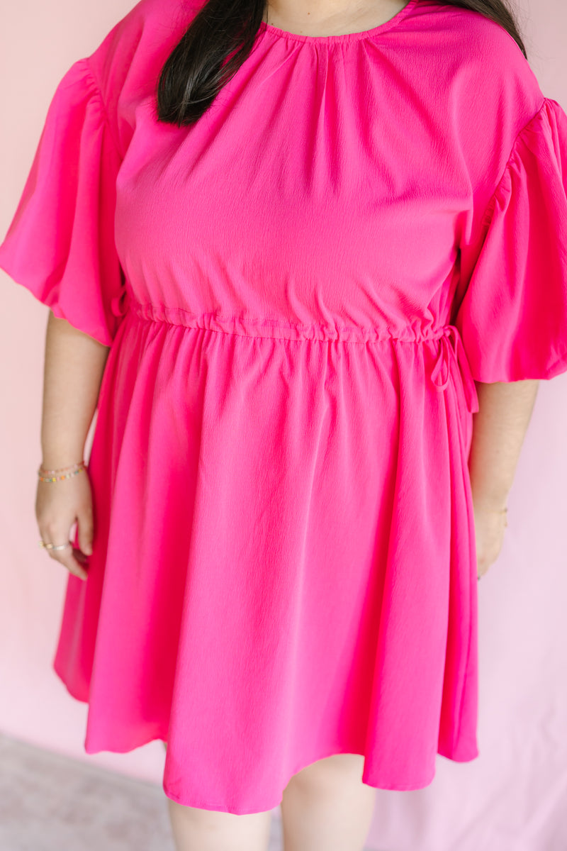 Hot Pink Drawstring Waist Midi Dress