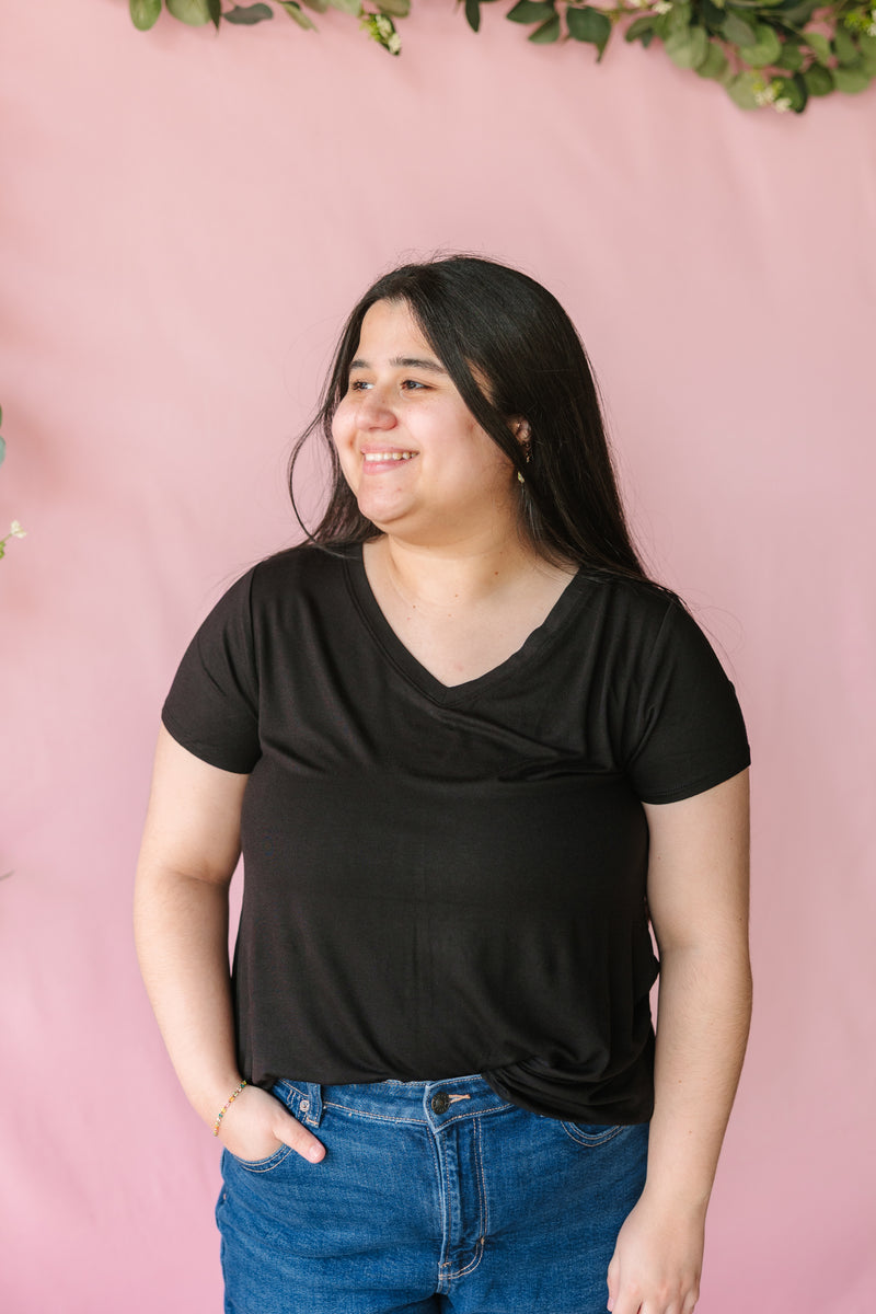 Black Rayon Short Sleeve Top