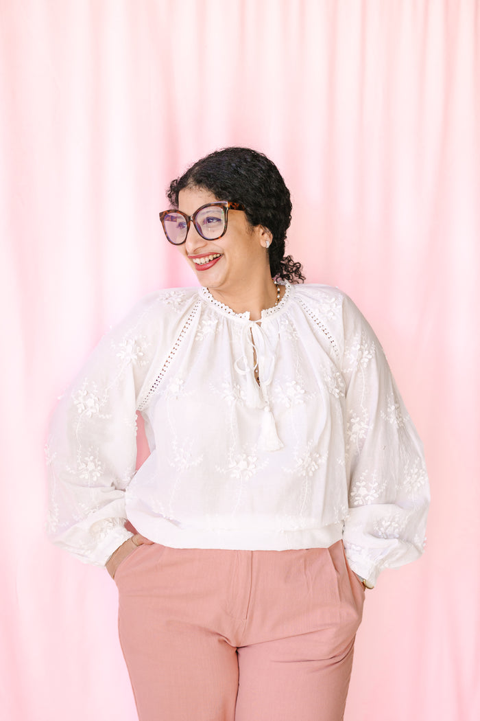 White Embroidered Floral Top