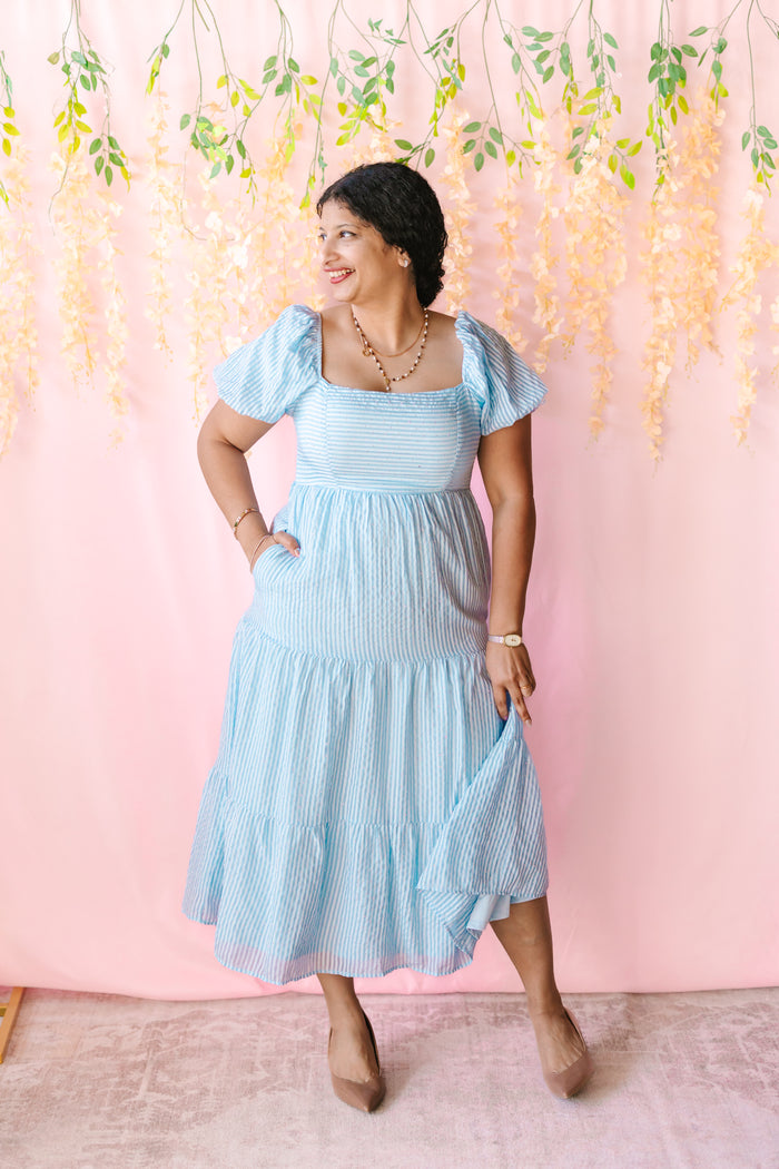 Blue Pinstriped Bubble Sleeve Dress