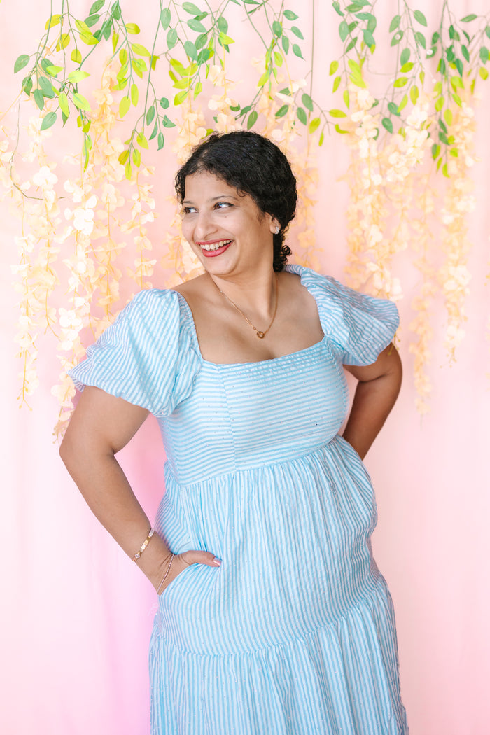 Blue Pinstriped Bubble Sleeve Dress