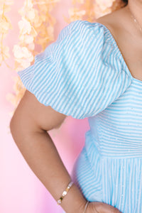 Blue Pinstriped Bubble Sleeve Dress